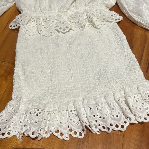 SPELL & the gypsy co white Mini dress Chain Ruched smocked eyelet sleeves - Picture 16 of 16